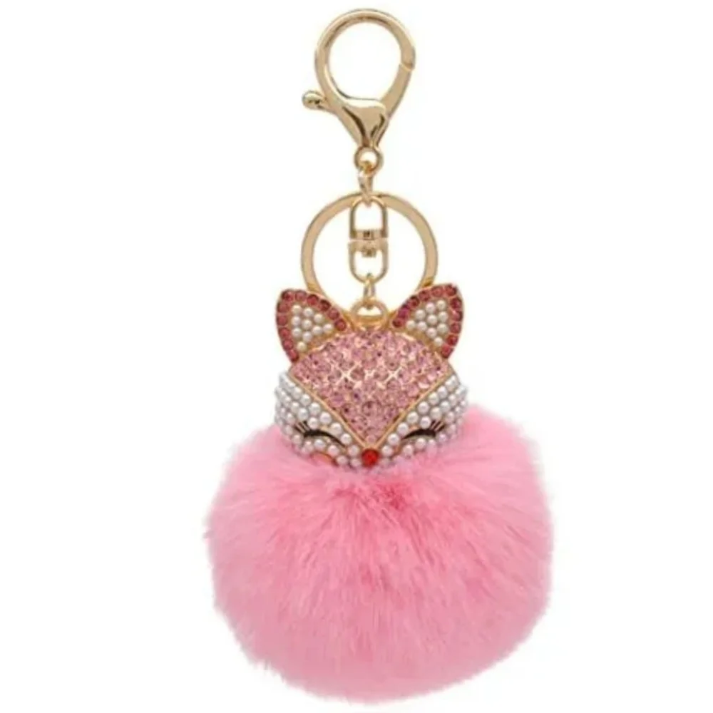 Pink Plush Pom Pom FOX Rhinestones Pearls Feminine Elegant Luxury Keychain Gift